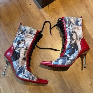 Red and Black Graphic Ankle Boots